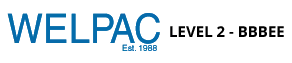 Welpac packaging company A blue and black logo for Welpac Packaging Company with a white background.