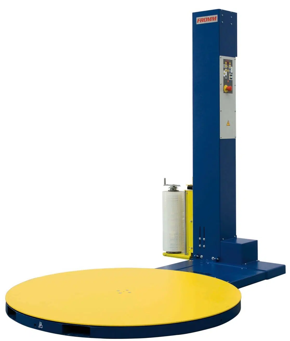 Welpac packaging company A blue and yellow pallet wrapping machine on a white background, manufactured by Welpac Packaging Company.