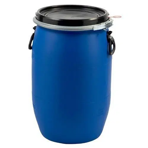 Welpac packaging company A blue barrel with a lid on it, manufactured by Welpac Packaging Company.