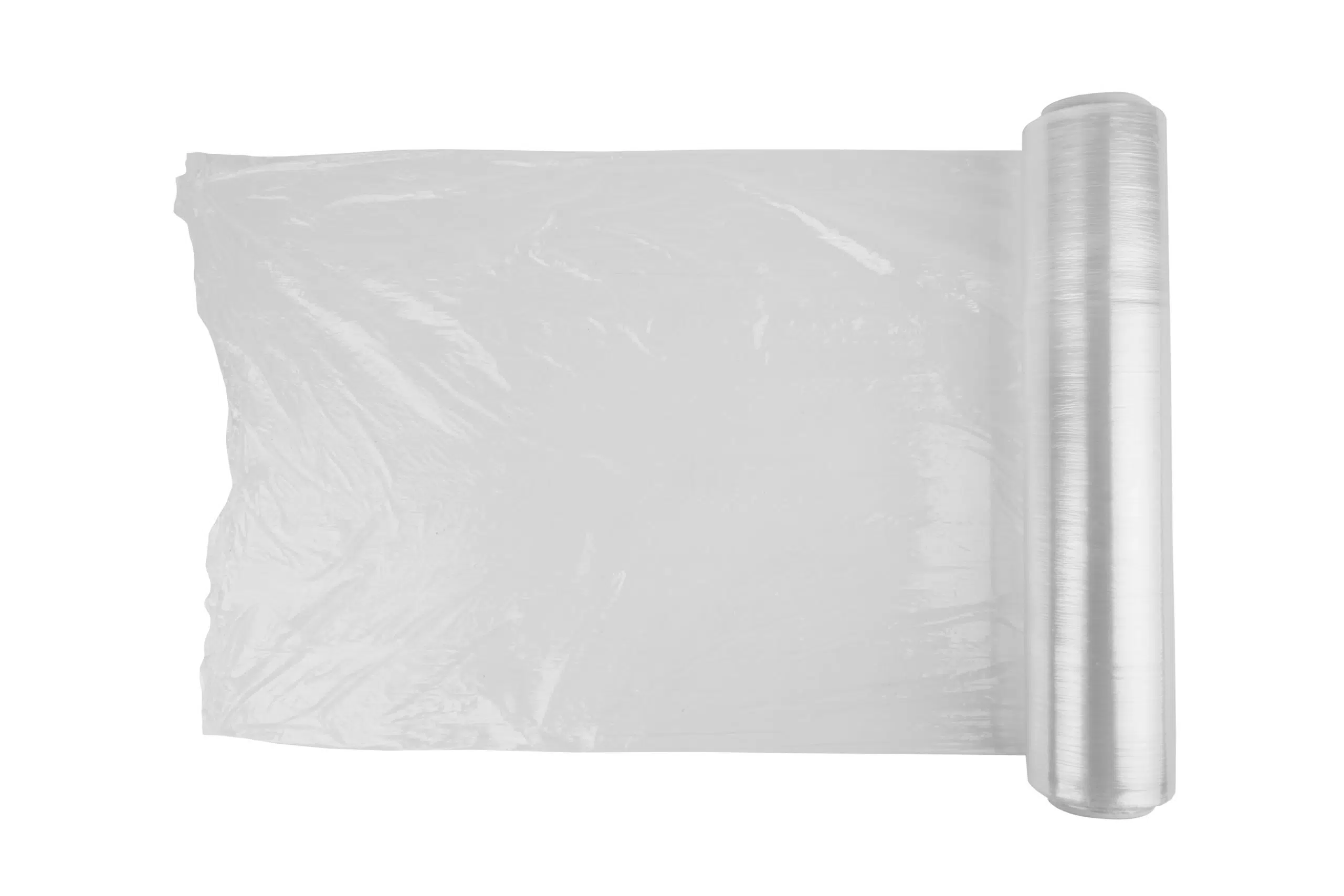 Welpac packaging company A roll of clear plastic from Welpac Packaging Company on a white background.