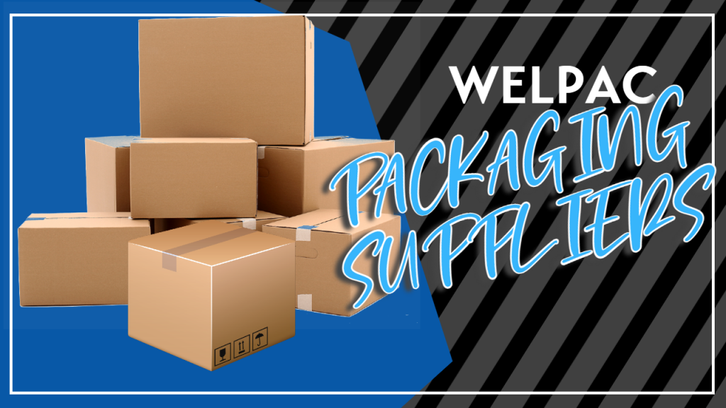 Welpac packaging company A stack of cardboard boxes, adorned with "WELPAC Packaging Suppliers," stands boldly against a striking blue and striped background, showcasing top-notch packaging supplies.