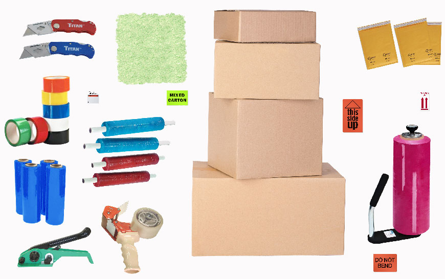 Welpac packaging company Different types of packaging supplies, such as boxes and tape, are shown.