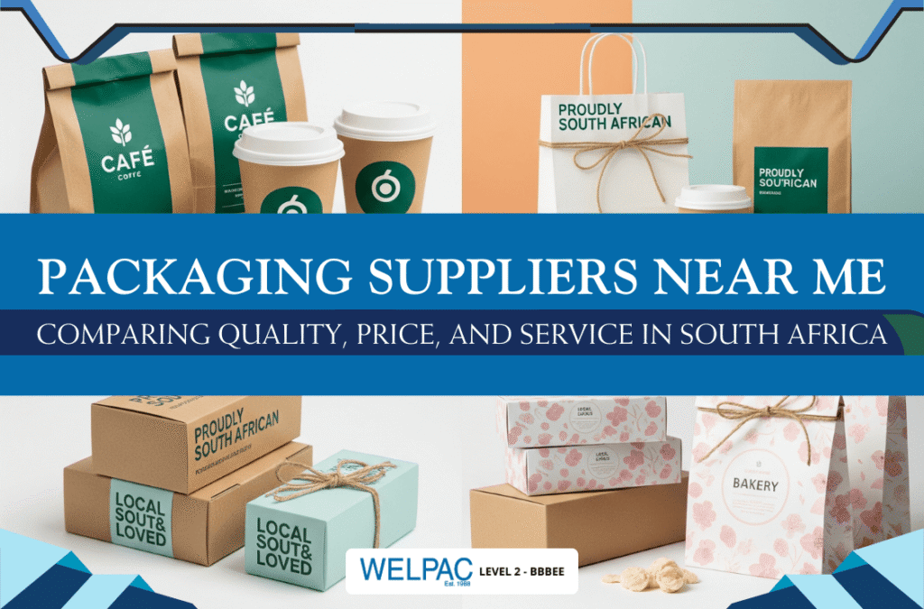 Welpac packaging company Image showing various packaging products, including coffee cups, boxes, and bags labeled "Proudly South African." Text reads: "Packaging Suppliers Near Me: Comparing Quality, Price, and Service in South Africa.