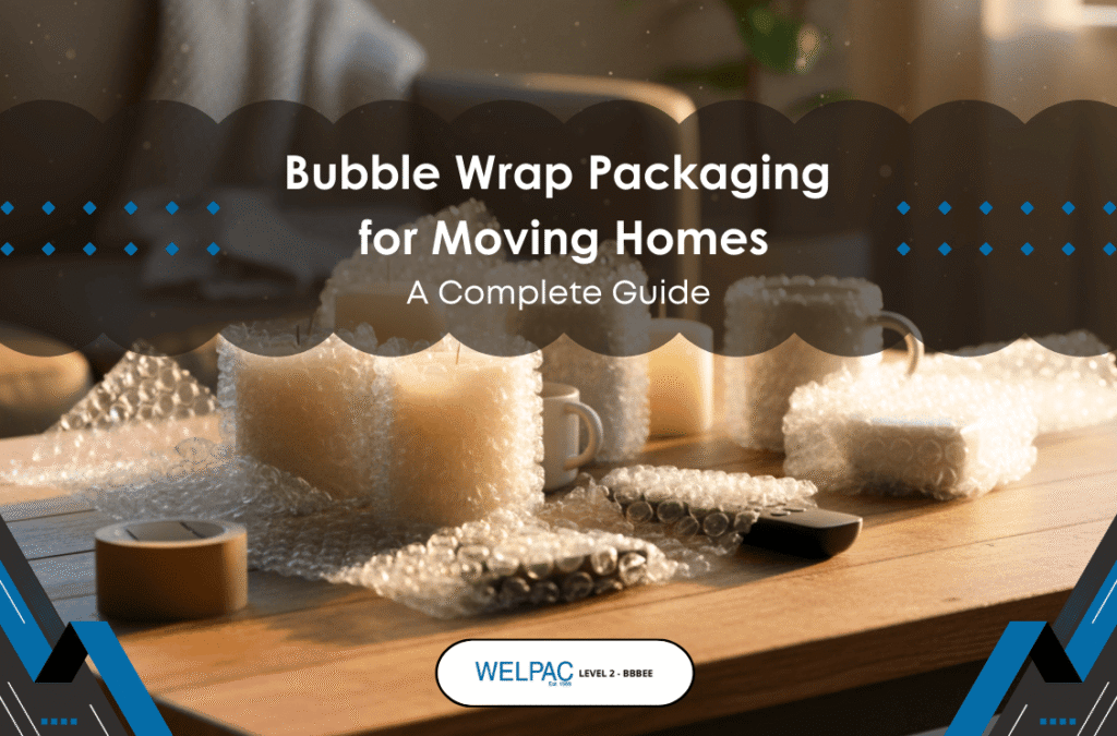 Welpac packaging company Various household items wrapped in bubble wrap sit on a wooden table, with tape and scissors, illustrating a guide to bubble wrap packaging for moving homes.