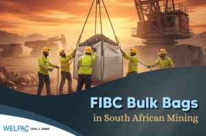 Welpac packaging company Workers in safety gear guide a large FIBC bulk bag filled with materials, suspended by a crane, at a mining site during sunset. Text reads: "FIBC Bulk Bags in South African Mining.