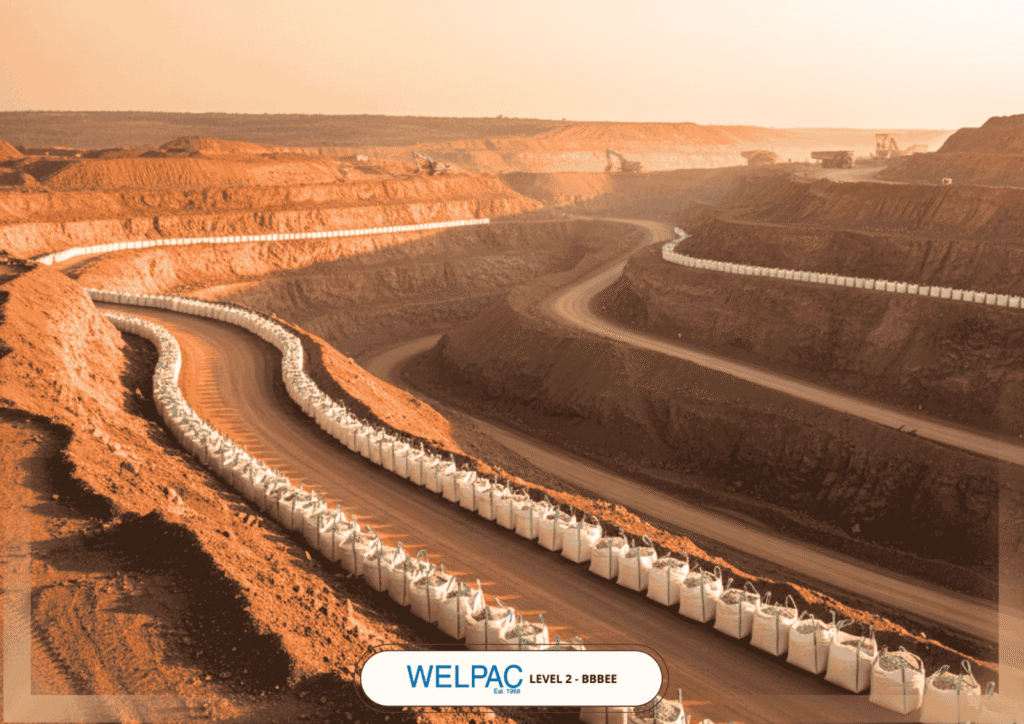 Welpac packaging company Large open-pit mine with winding dirt roads lined by white bags; heavy machinery is visible in the background under a hazy sky.