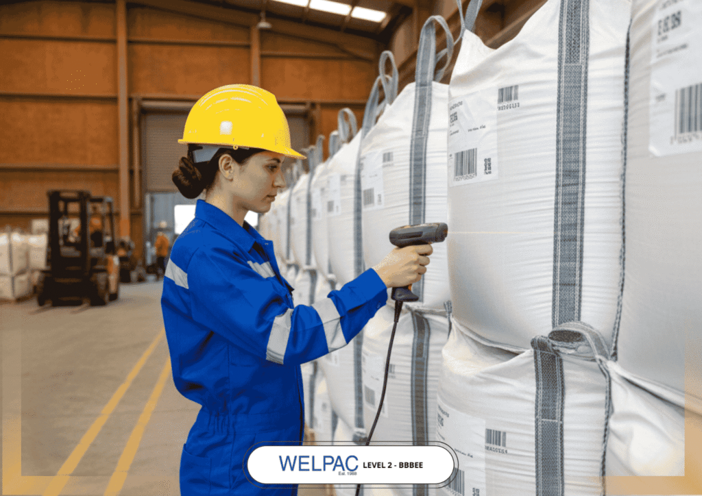 Welpac packaging company A worker in a blue uniform and yellow helmet scans barcodes on large white bags in a warehouse.