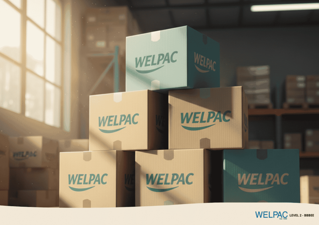 Welpac packaging company A stack of cardboard boxes labeled "WELPAC" arranged in a warehouse with shelves and other boxes in the background.