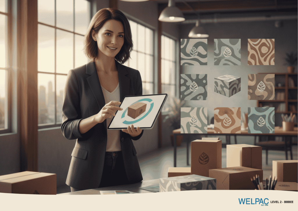 Welpac packaging company A woman holds a tablet displaying a box image, with various eco-friendly packaging designs and cardboard boxes on a table in a modern office setting.