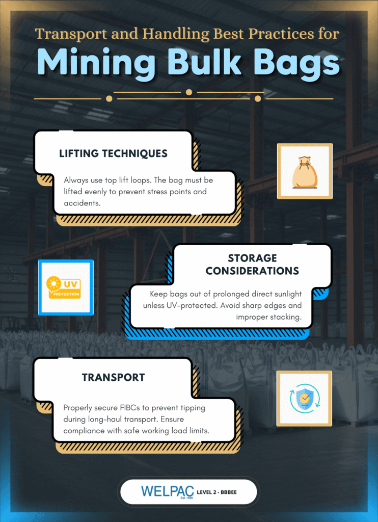 Welpac packaging company Infographic on best practices for mining bulk bags: lifting techniques, storage considerations, and transport tips, with visual icons and a background of stacked bulk bags in a warehouse.