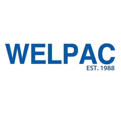 Blue text logo that reads "WELPAC EST. 1988" on a plain white background.