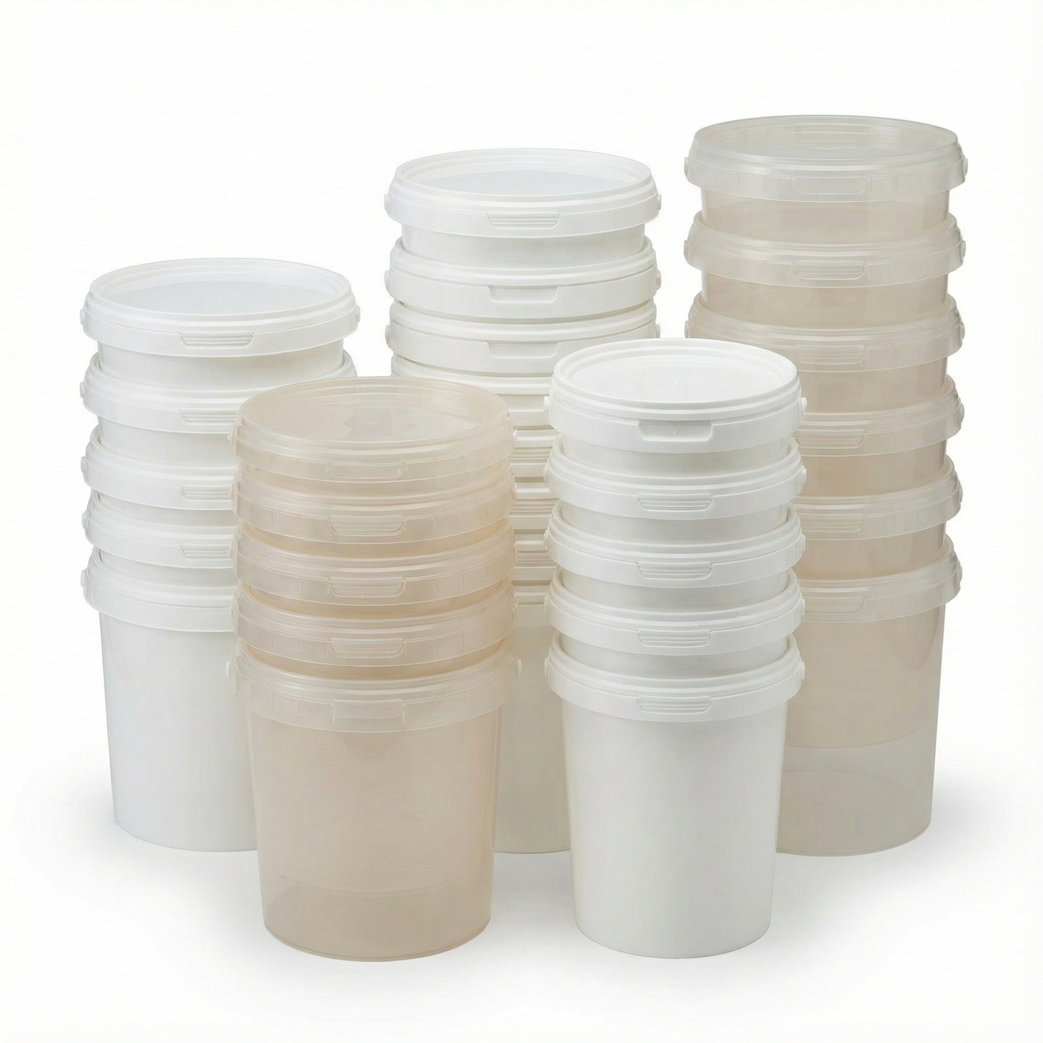Three stacks of empty, clear and white plastic food containers with lids, arranged against a plain white background.