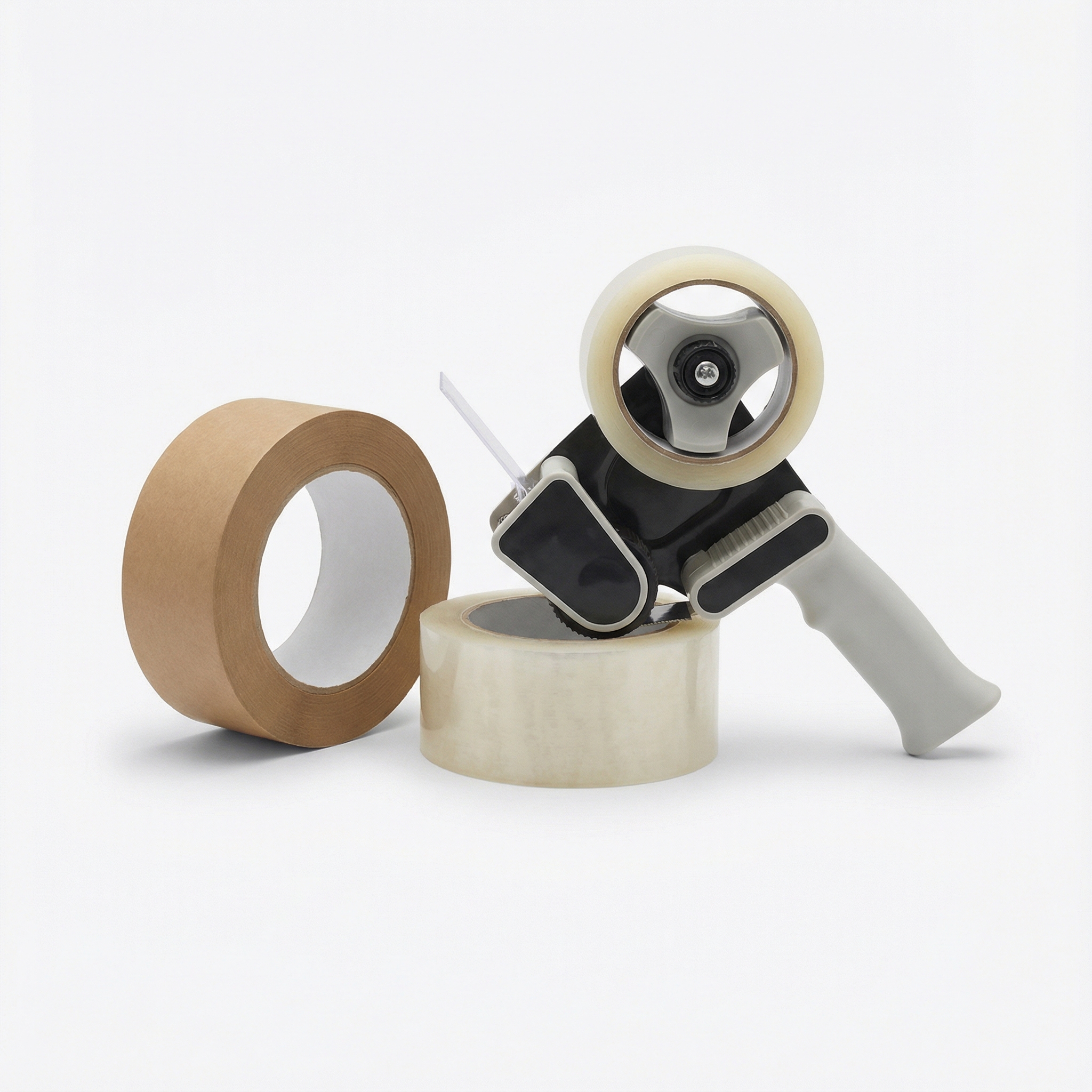 A tape dispenser rests on a clear roll of packaging tape, next to a brown roll of paper tape, all against a plain white background.