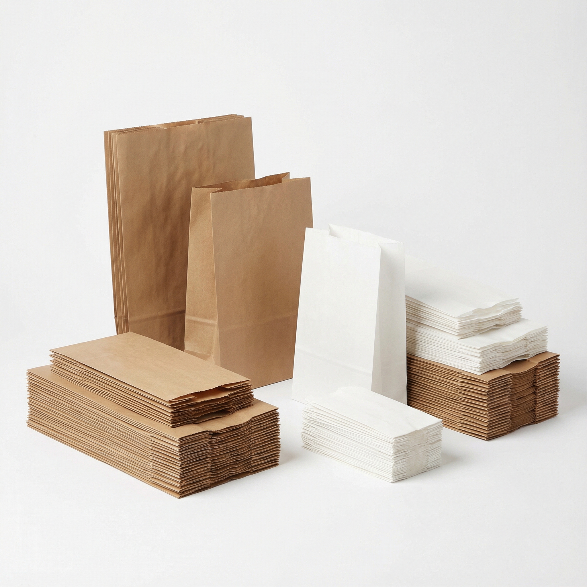Stacks of brown and white paper bags arranged on a white surface, with both flat and standing bags visible.