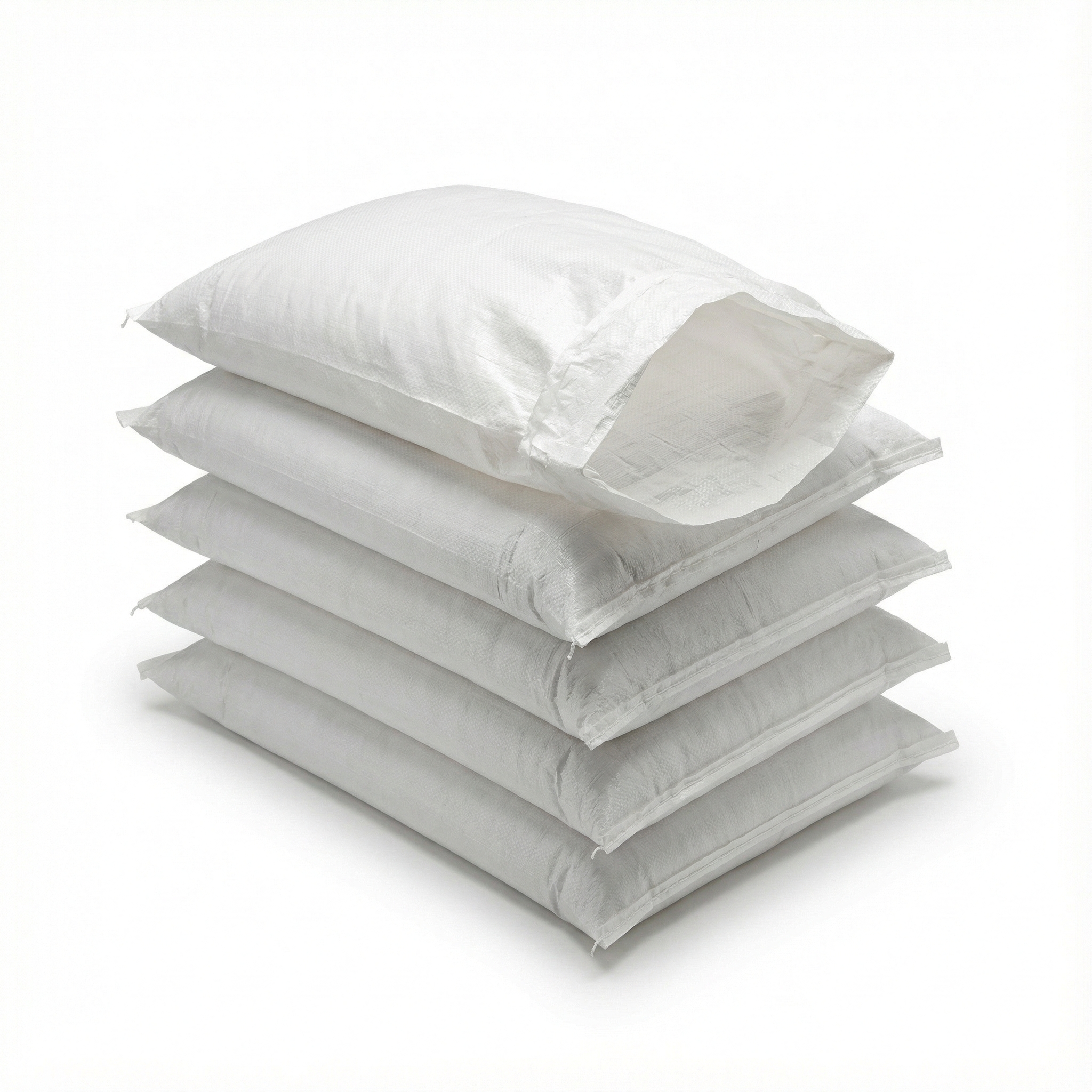 Five white sacks are stacked neatly on top of each other against a plain white background.