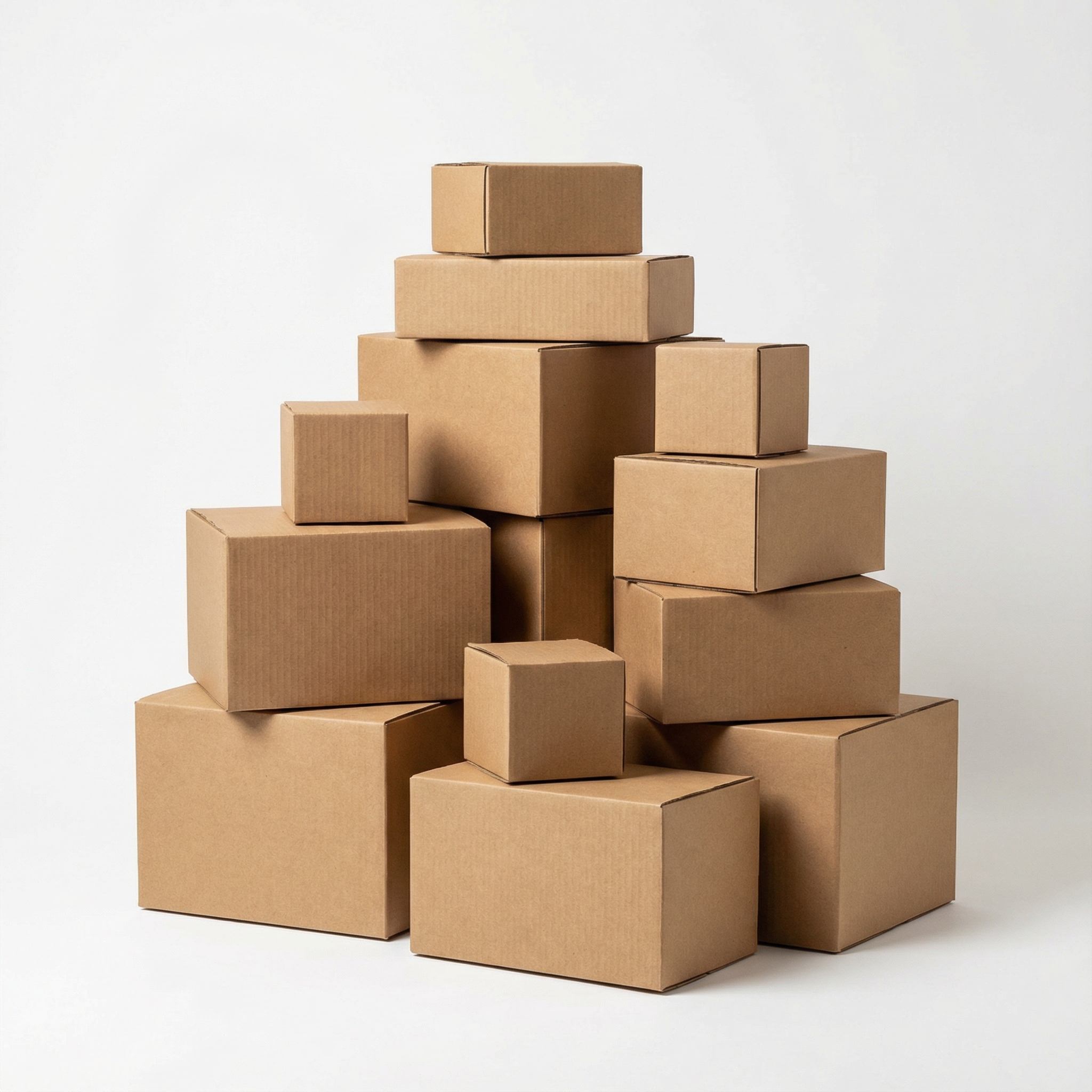 A group of brown cardboard boxes of various sizes stacked together against a plain white background.