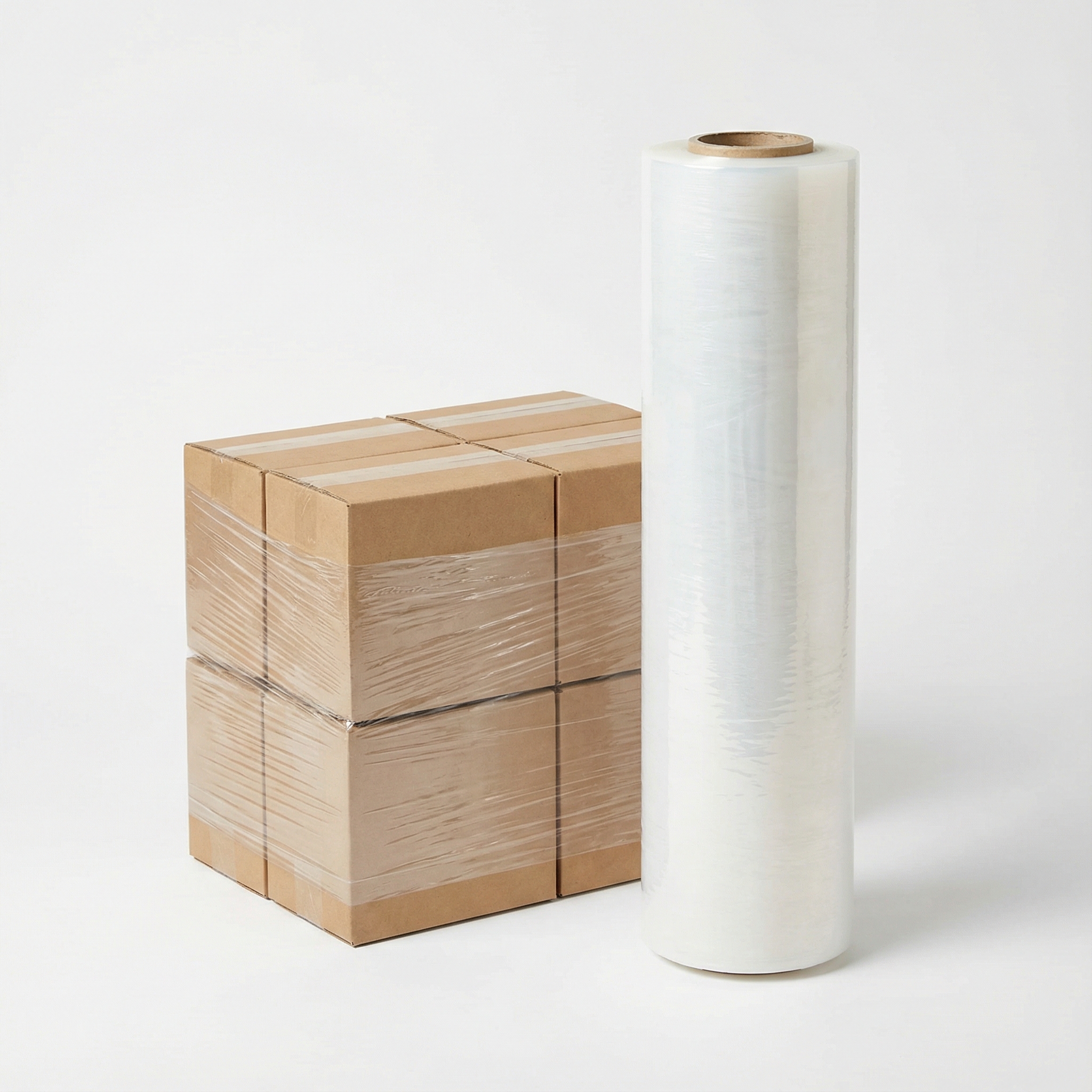 A roll of clear plastic stretch film stands upright next to two cardboard boxes wrapped in the same transparent film, all on a plain white background.