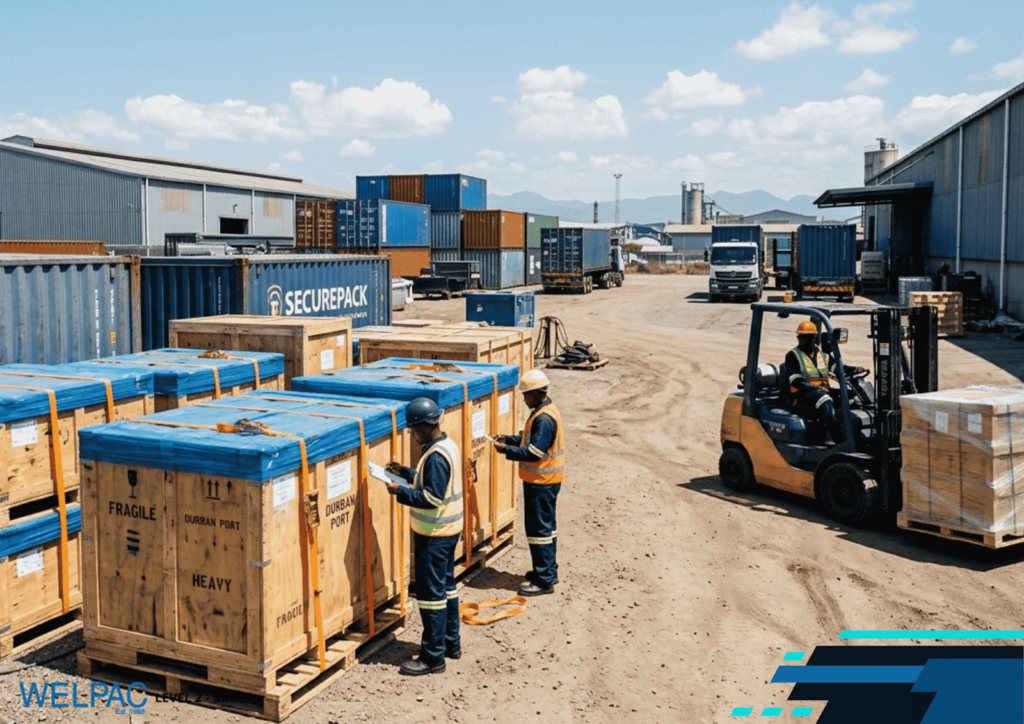 Workers in safety gear inspect large wooden crates near a forklift at an outdoor shipping yard with containers and industrial buildings in the background.