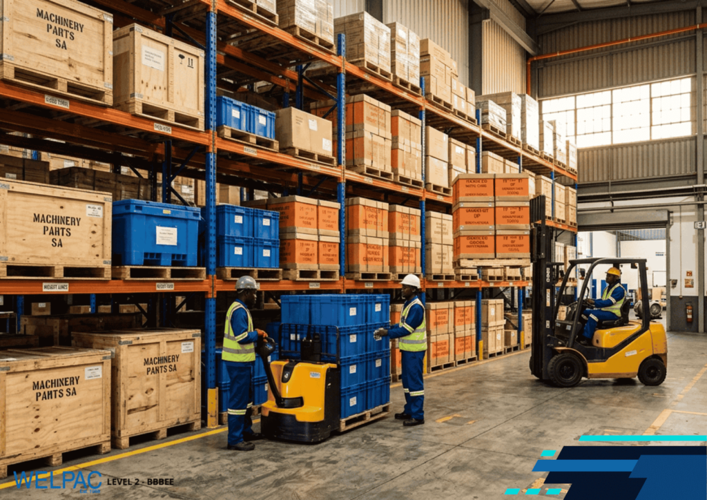 Warehouse workers in safety gear move blue containers using a pallet jack and forklift among shelves stacked with wooden crates and boxes.
