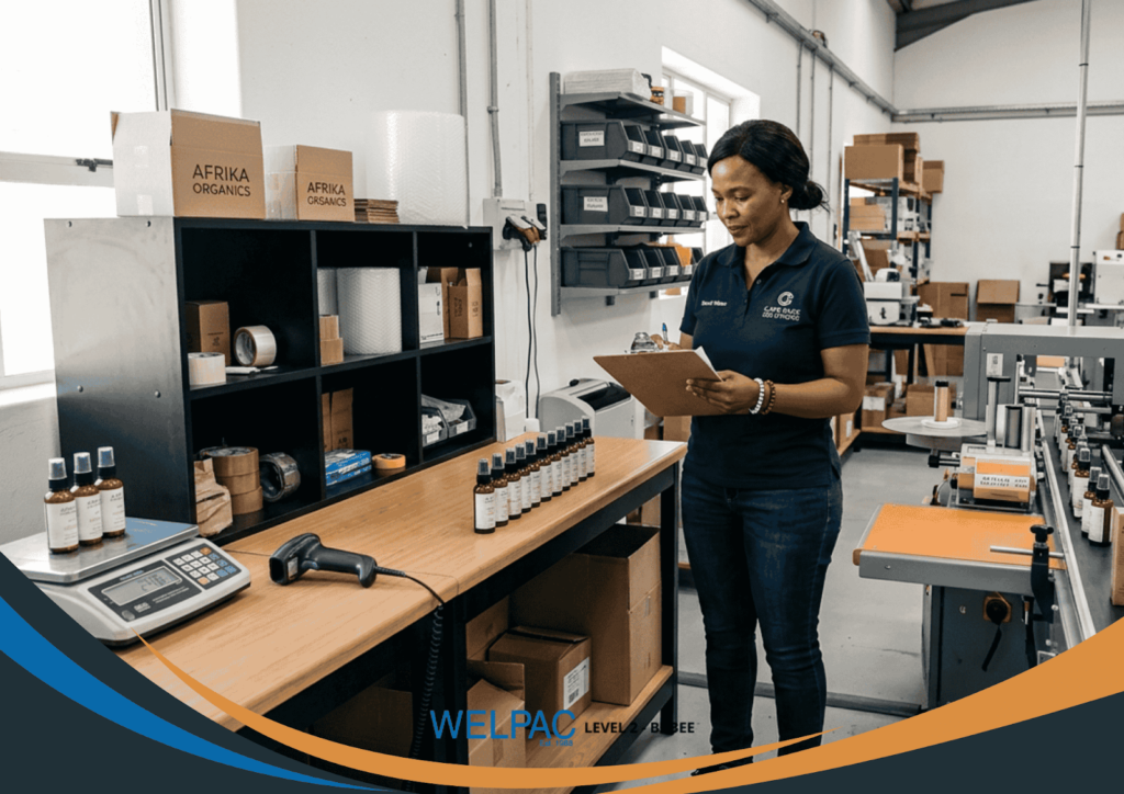 A woman stands in a warehouse, writing on a clipboard near a table with bottles, packaging materials, and equipment. Boxes labeled "AFRIKA ORGANICS" are on a shelf.