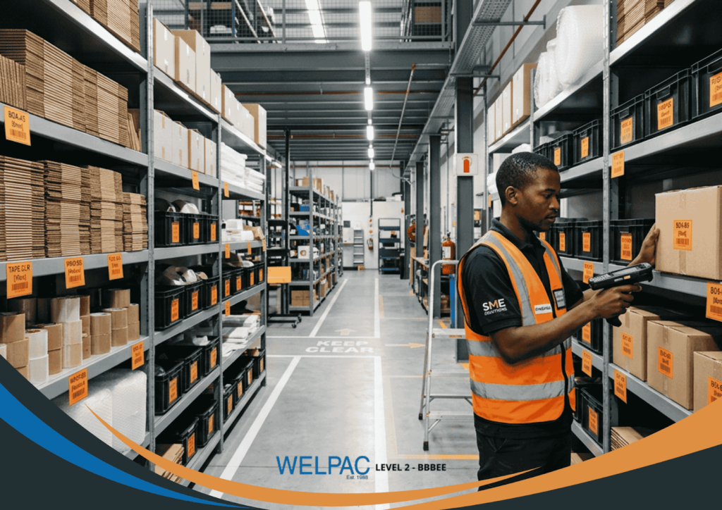 A warehouse worker scans barcodes on boxes while standing between shelves stocked with various cardboard packages.