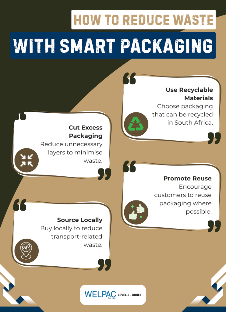 Infographic titled "How to Reduce Waste with Smart Packaging" lists four tips: cut excess packaging, use recyclable materials, source locally, and promote reuse.
