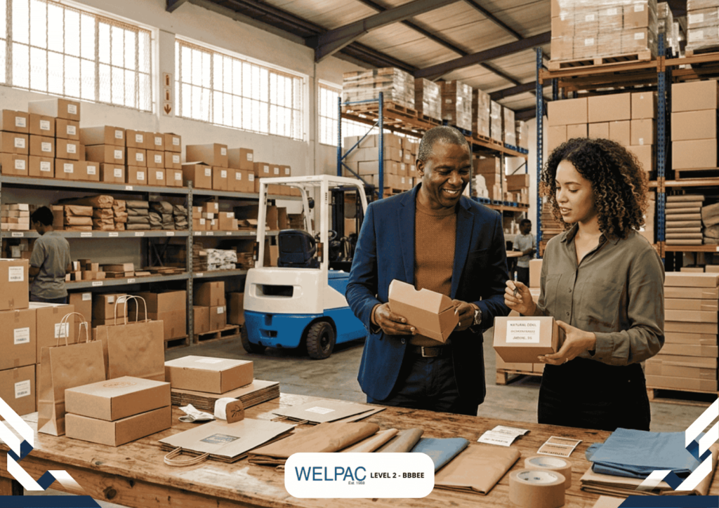 Two people stand at a table with packaging materials in a warehouse, discussing a labeled box. Shelves with boxes and a forklift are visible in the background.