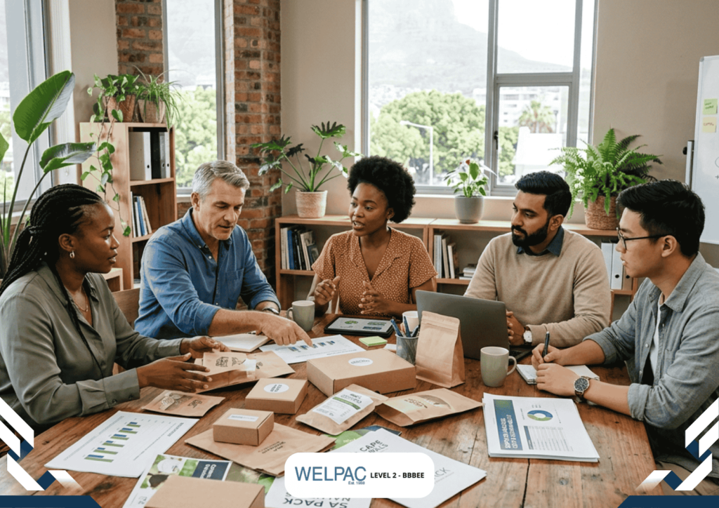 Five people sit around a table with documents, packaging samples, and a laptop, engaged in a discussion in a bright office with large windows and plants.
