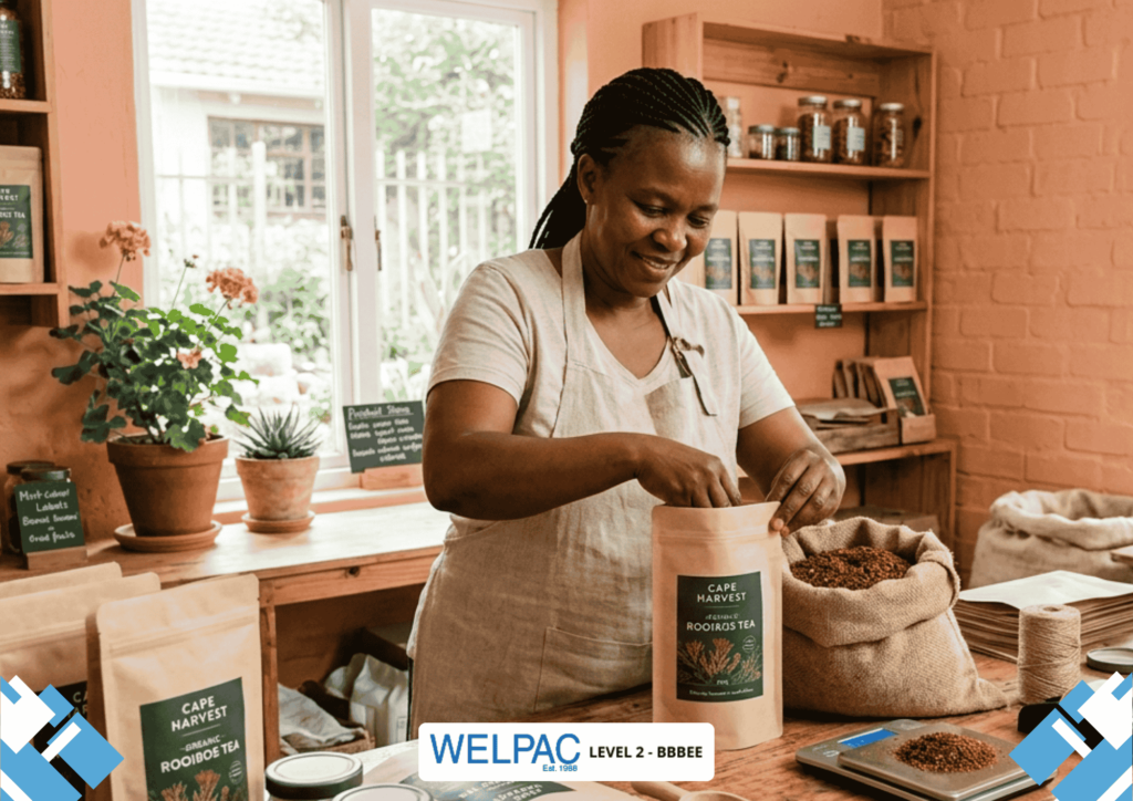 A woman fills a brown paper bag with dried rooibos tea in a shop, surrounded by packages, jars, and labels of tea products.