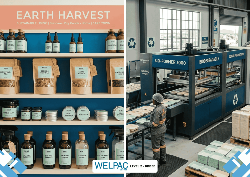 Split image: Left side shows shelves with Earth Harvest brand eco-friendly products; right side depicts a worker in a facility operating biodegradable packaging machinery. Welpac logo at bottom.