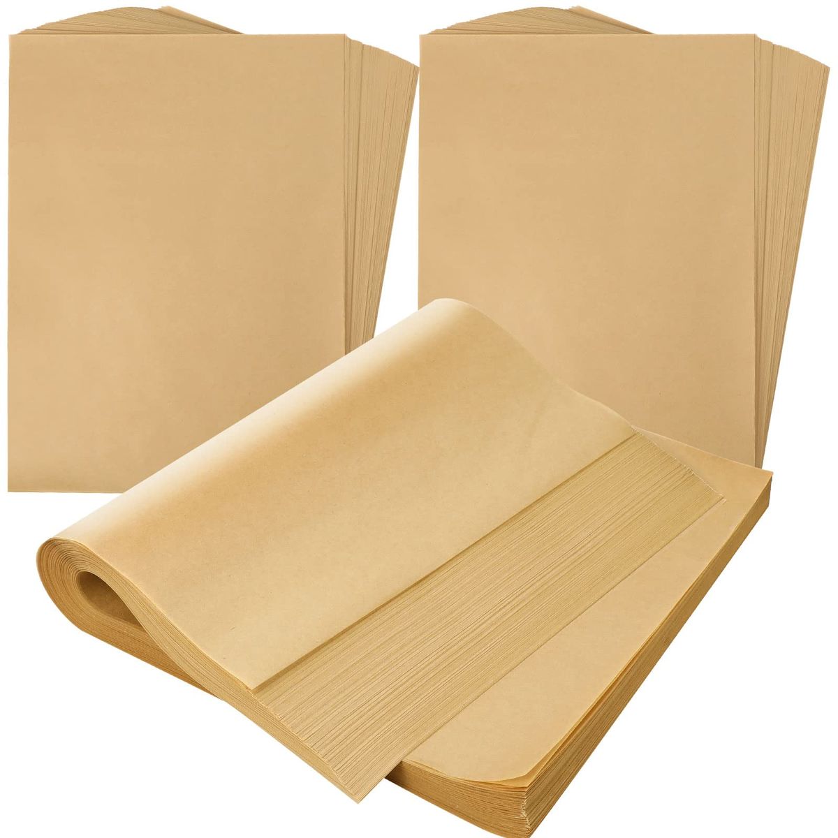 Several stacks of plain brown kraft paper, with one stack partially opened to show the sheets inside—ideal for packing boxes or as part of your shipping solutions.