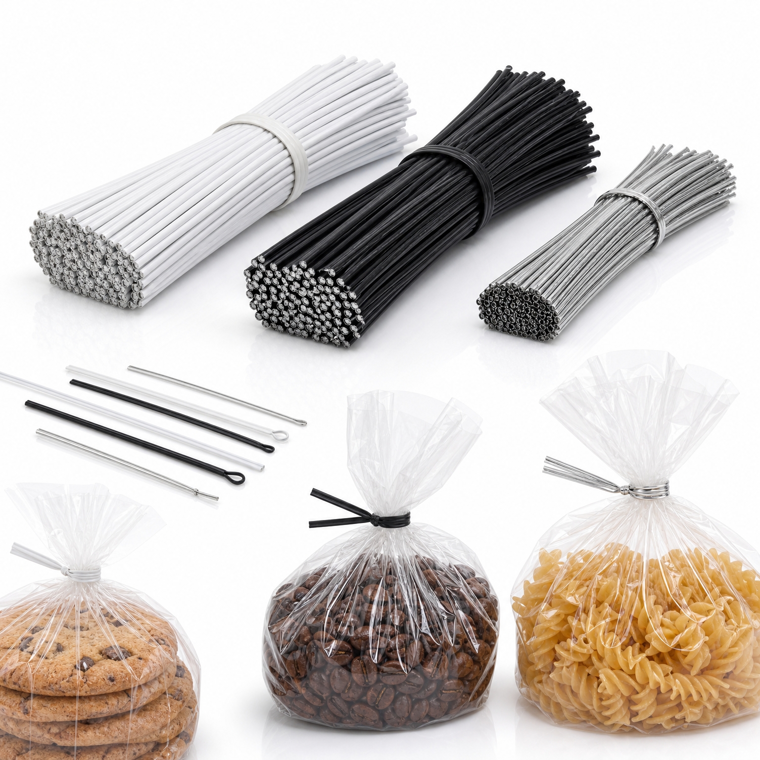 Bundles of twist ties in white, black, and silver, both straight and twisted, shown next to plastic bags containing cookies, coffee beans, and pasta, sealed with twist ties.