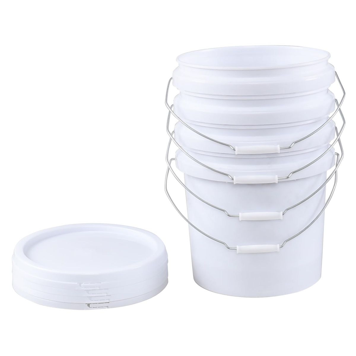 Four white plastic buckets with handles are stacked together, with four matching lids placed in a stack on the left side—ideal packaging supplies for storage or to deliver goods securely.