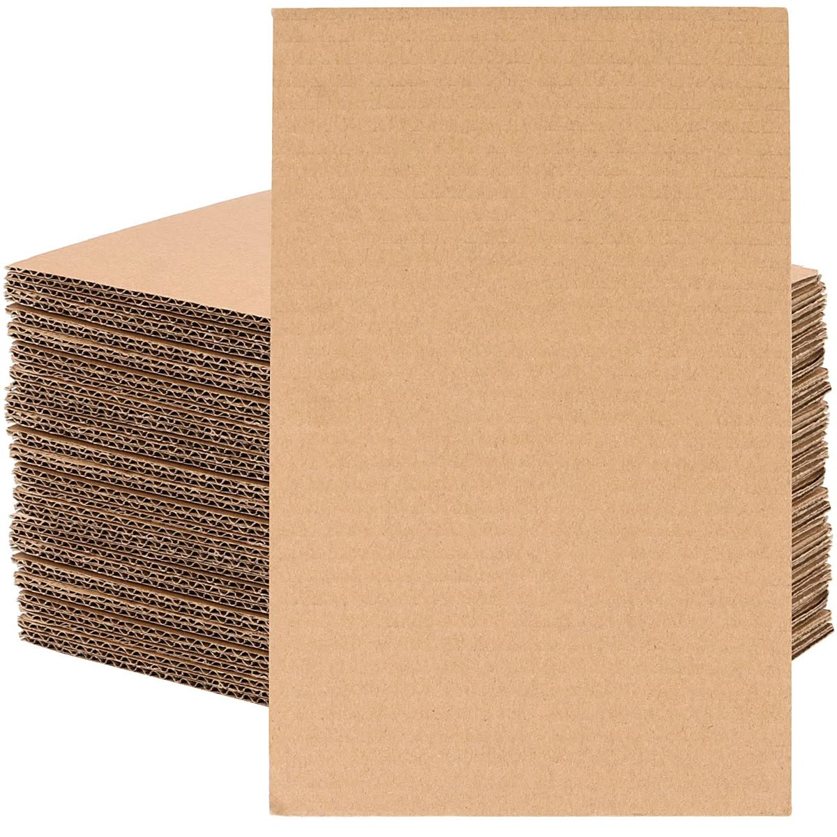 A stack of rectangular brown corrugated cardboard sheets, commonly used as packaging supplies, with one sheet standing upright in front of the stack.