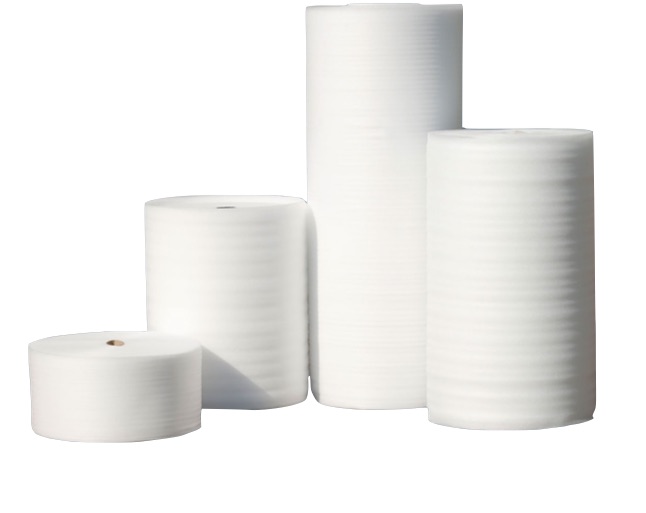 Four large rolls of white foam sheet material, ideal for packaging supplies, are standing upright against a plain white background. We deliver high-quality products and are proudly BBBEE Level 2 certified.