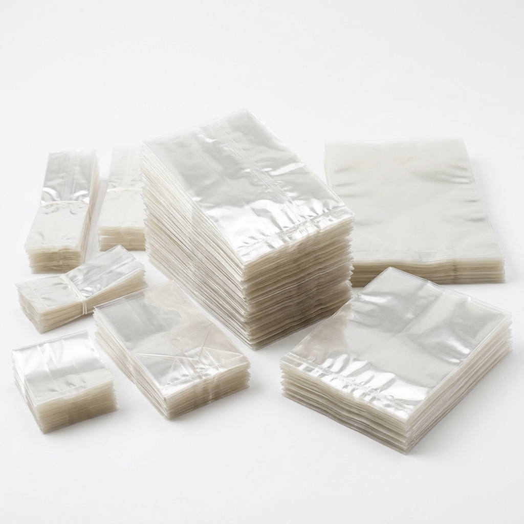 Stacks of transparent plastic bags in various sizes are arranged on a white surface.