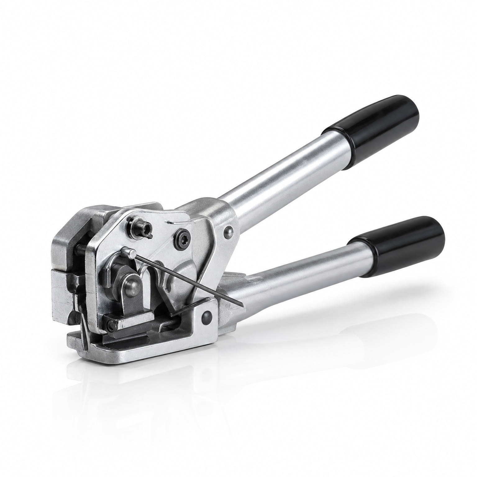 A metal strapping tool with two black-handled levers, designed for tensioning and sealing metal straps, shown on a white background.