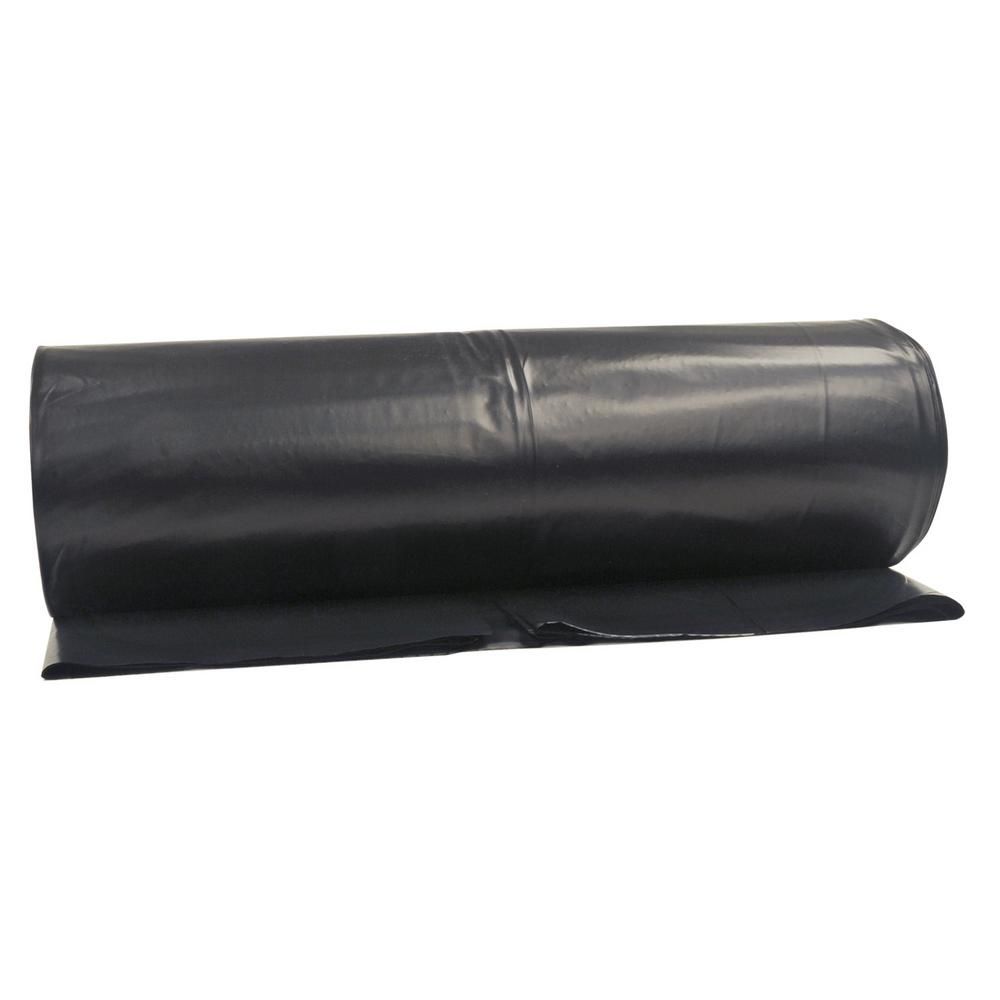 A large roll of black plastic sheeting, partially unrolled on a white background, ideal for packaging supplies solutions.