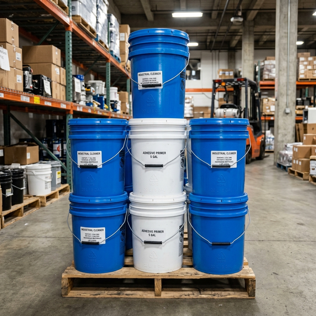 Pallet stacked with blue and white 5-gallon buckets labeled "Industrial Cleaner" and "Adhesive Primer" in a warehouse with shelving and boxes.