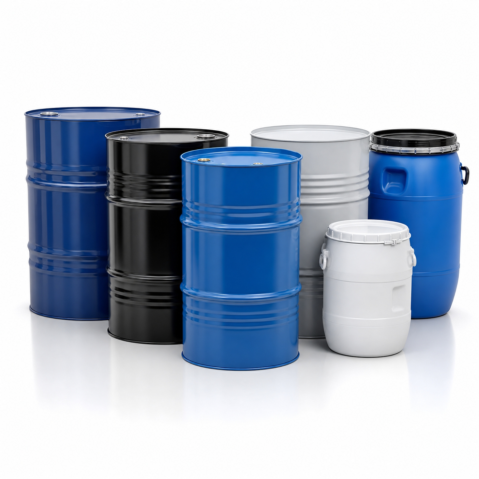 A group of six industrial barrels and containers in blue, black, gray, and white colors, arranged on a white background.