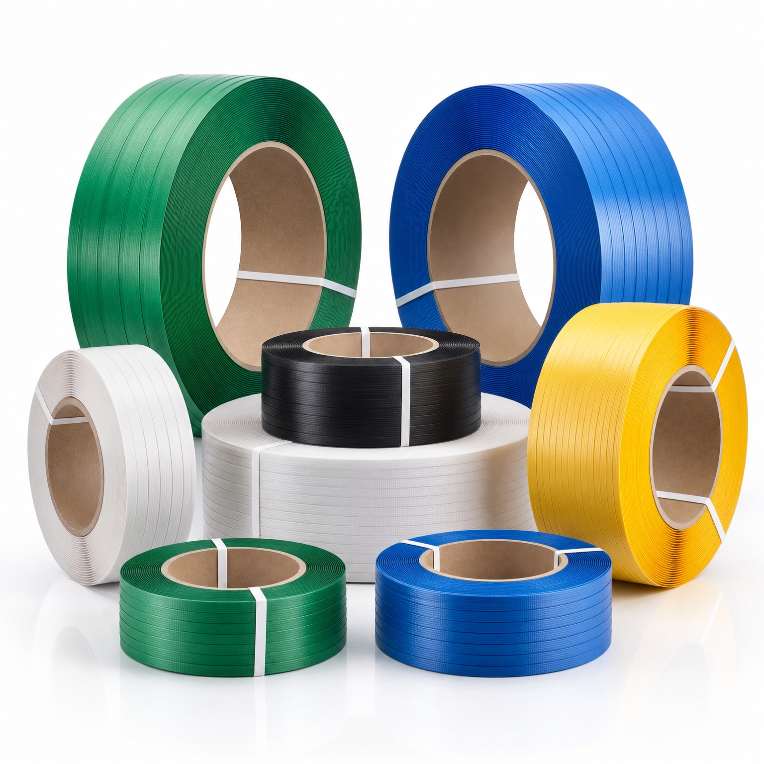Several large rolls of colored plastic strapping bands, including green, white, black, blue, and yellow, arranged on a white background.