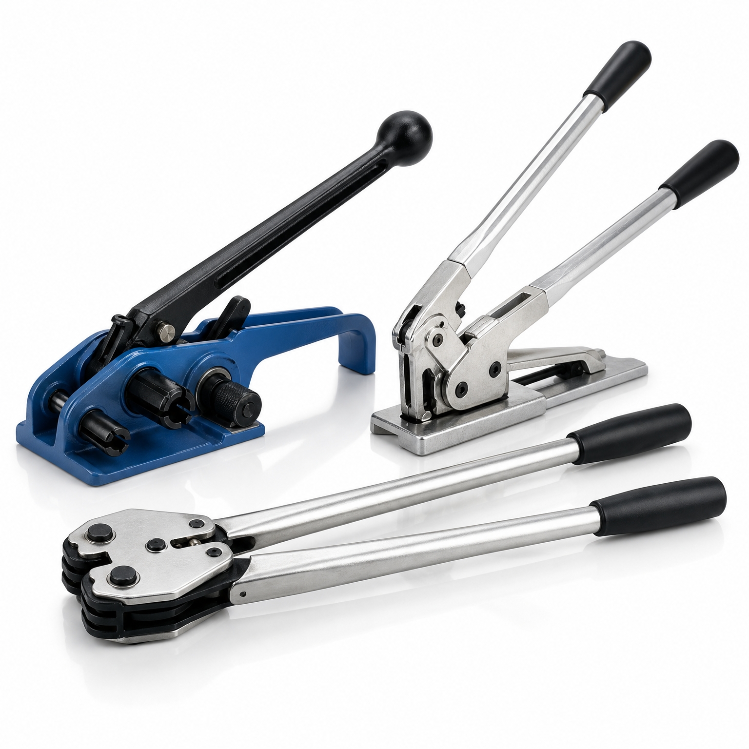 Three metal strapping tools with black handles are arranged on a white background; one blue tensioner, one sealer, and one cutter.