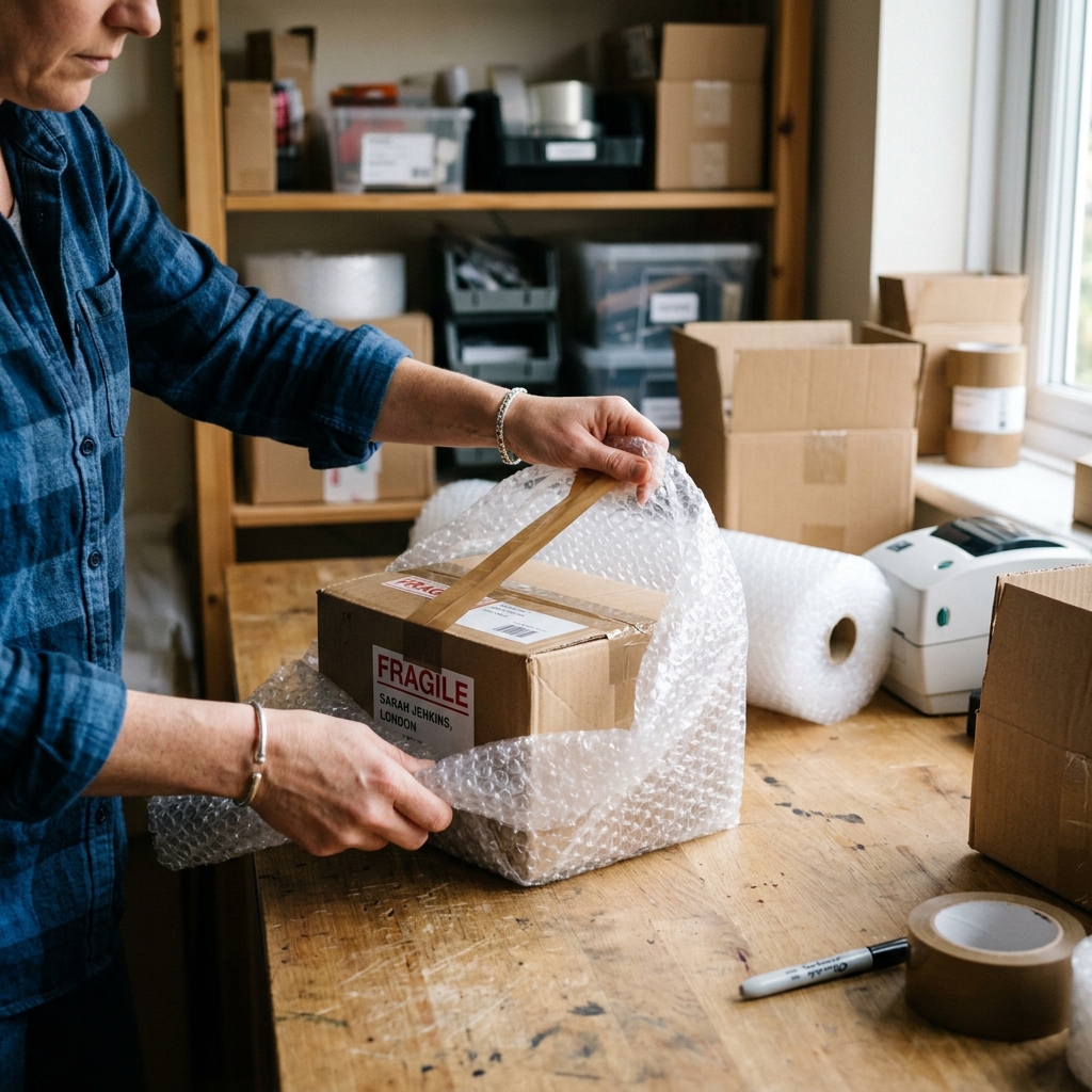 Person wrapping a cardboard box labeled "fragile" in bubble wrap on a wooden table, with packing materials and boxes in the background.