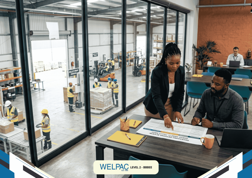 Two people in business attire discuss documents at a table in a modern office overlooking a warehouse where workers handle pallets and forklifts.