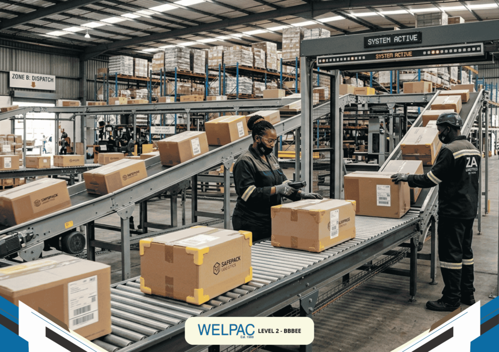 Workers in a warehouse sorting cardboard boxes on conveyor belts, with shelves of packages in the background.