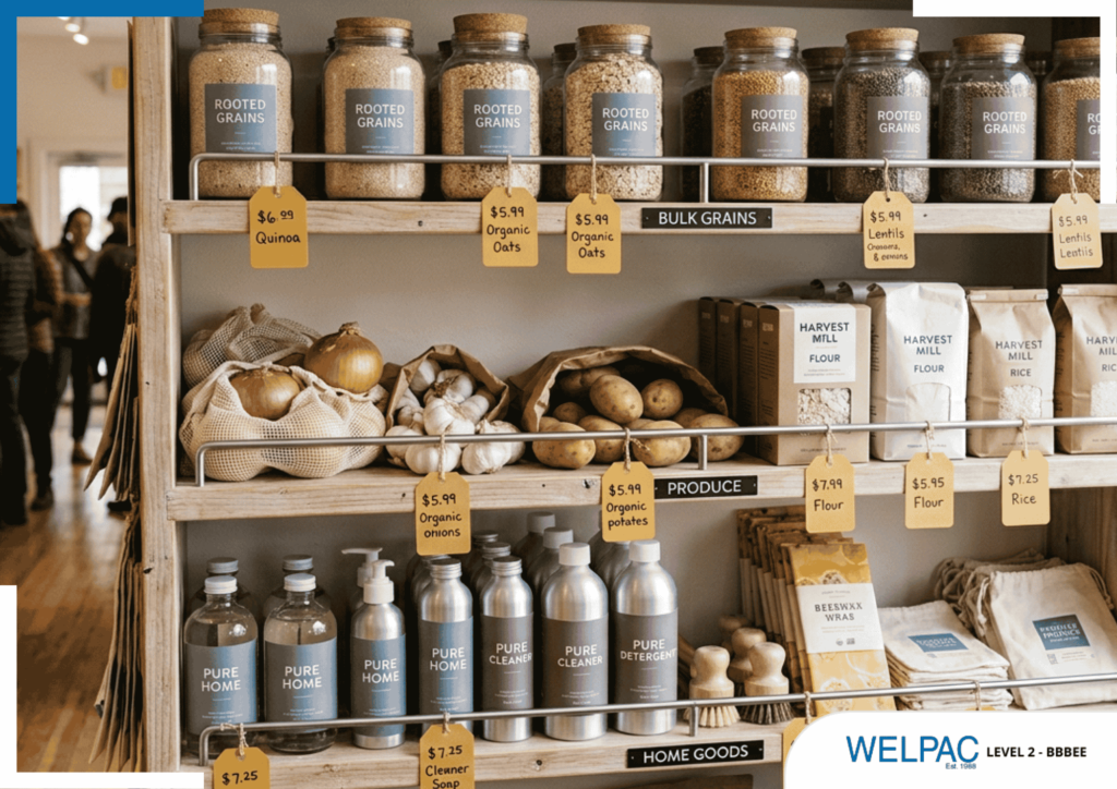 Shelves in a store displaying jars of grains, fresh produce, cleaning products, and packaged flour, with clear price tags and labels on each item.