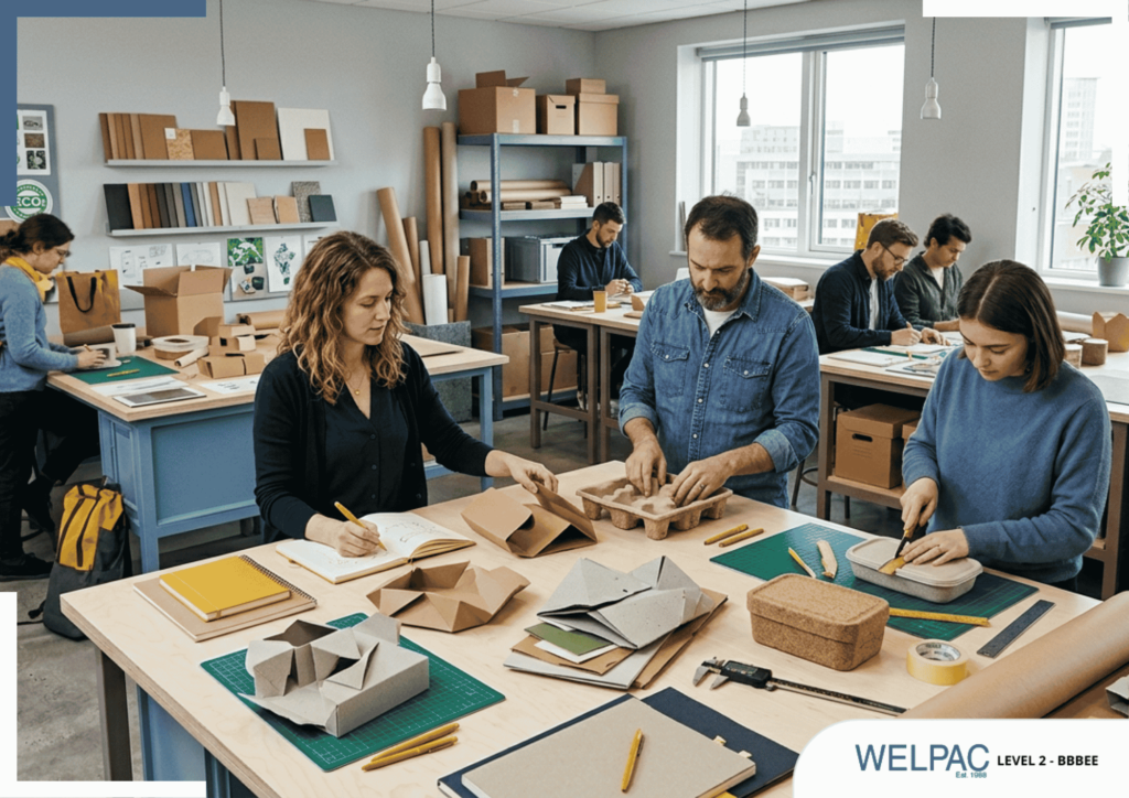People in a workshop assemble and design cardboard packaging at worktables. Notebooks, tools, and box samples are on the tables. The Welpac logo is visible in the lower right corner.