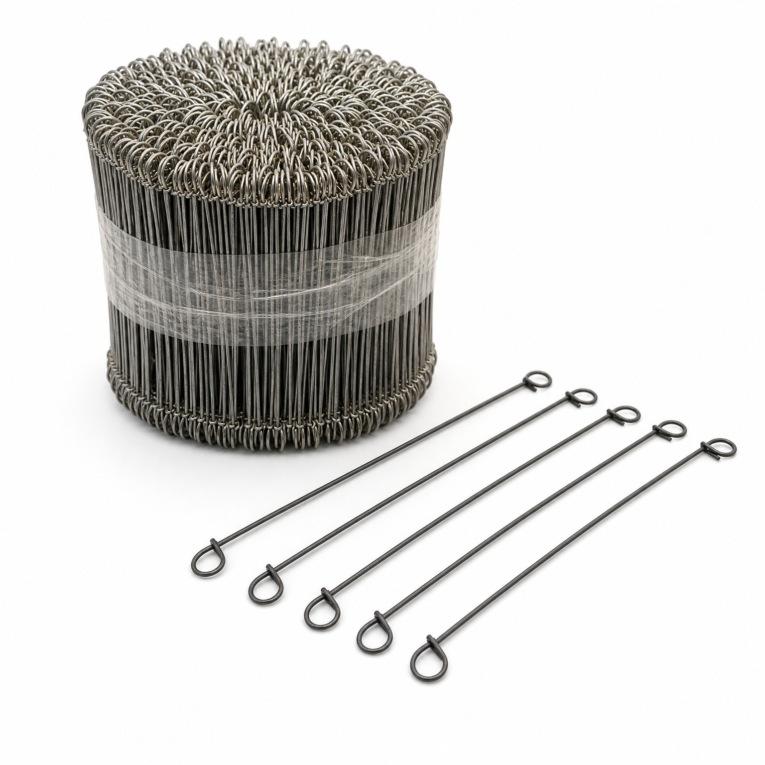 A spool of metal garden stakes wrapped in plastic is shown alongside five individual stakes laid out in a row on a white background.