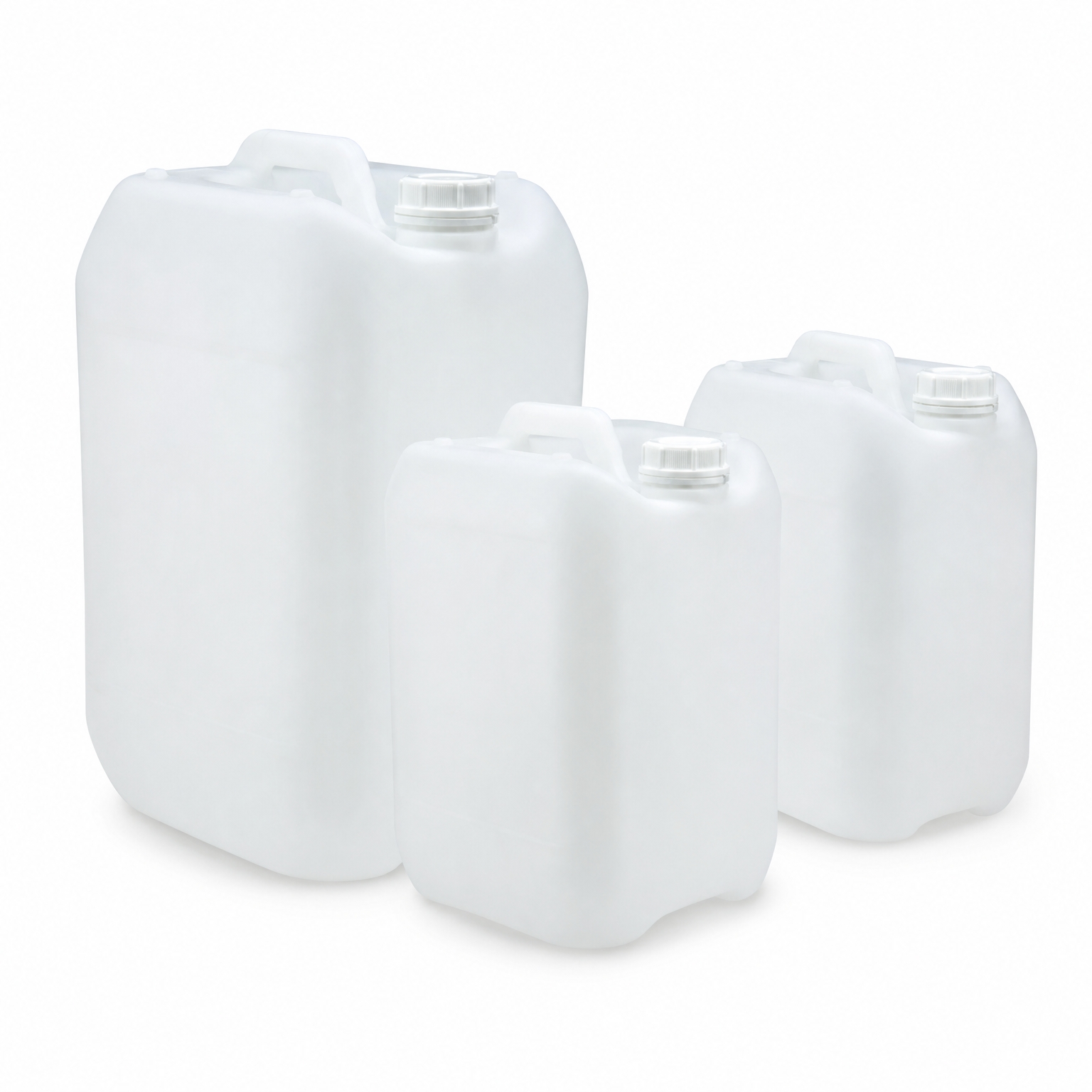 Three white plastic jerry cans of different sizes are placed on a plain white background.
