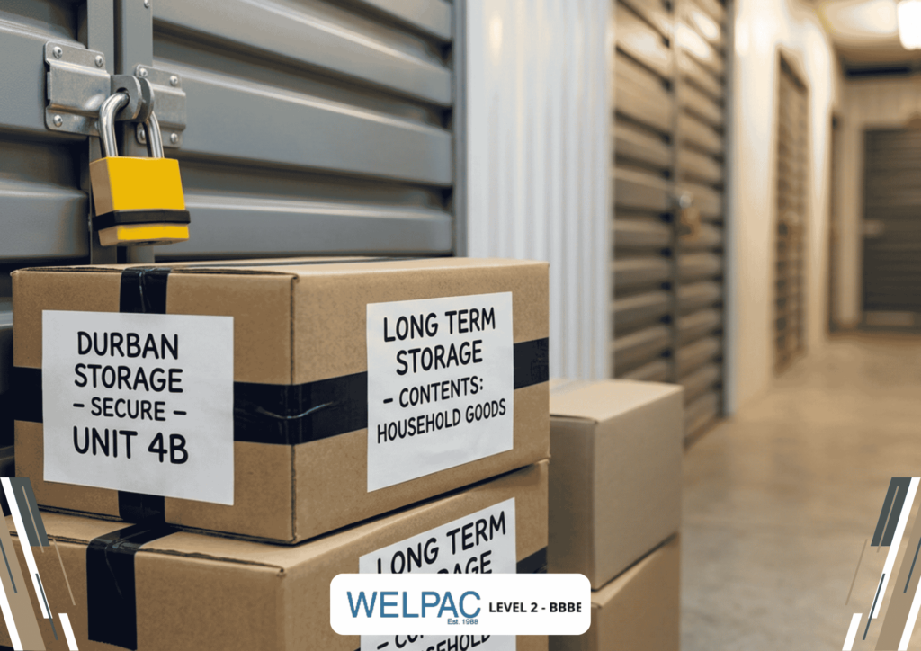 Three cardboard boxes labeled for storage sit in a hallway of a storage facility with metal doors; one lock is visible on a unit door.
